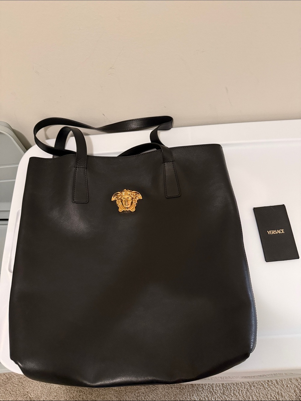Versace Black Leather Tote with Gold Medusa Accent
